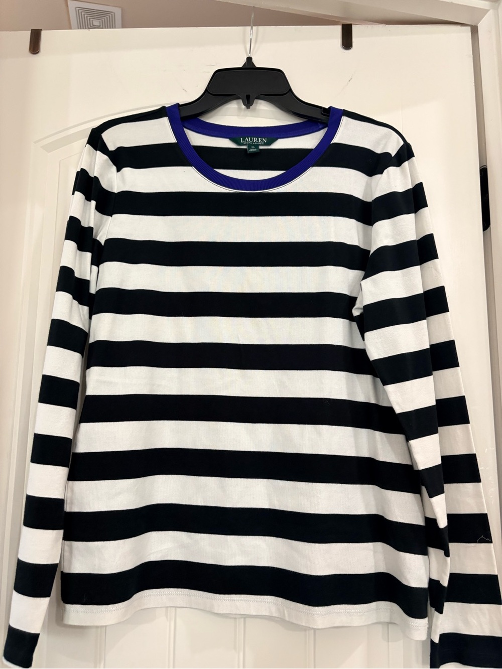 Lauren Ralph Lauren Black & White Striped Long-Sleeve Tee with Blue Trim